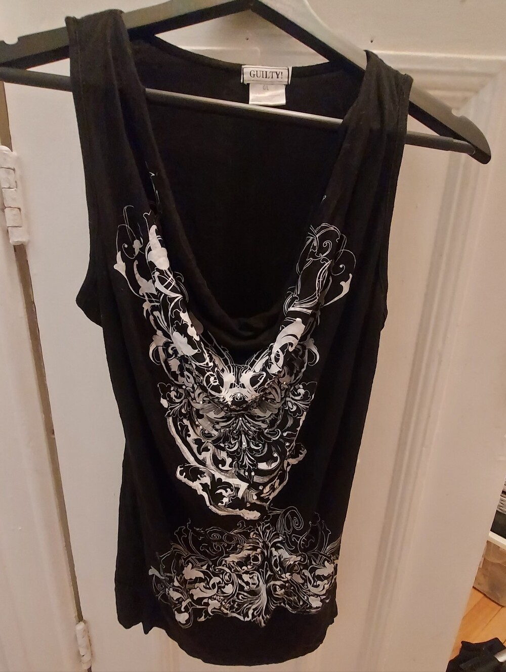 Black Sleeveless Cowl Neck Graphic Tank Top